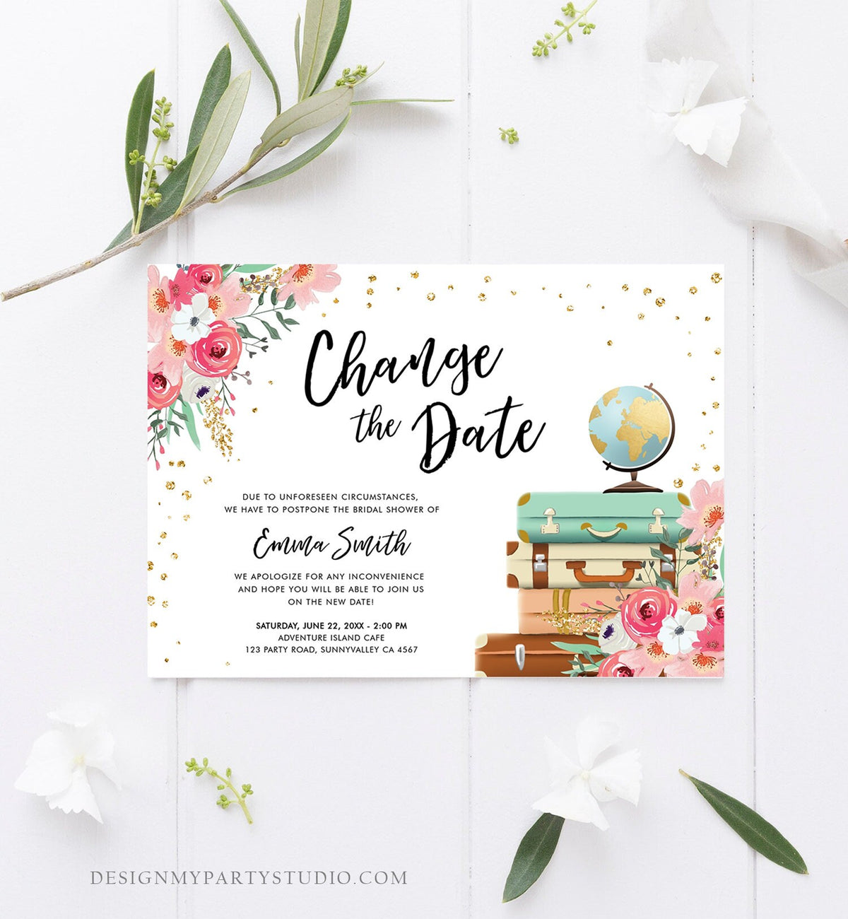 Editable Change the Date Announcement Bridal Shower Wedding Postponement Change of Plans Travel Adventure Pink Floral Corjl Template 0030