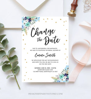 Editable Change the Date Announcement Bridal Shower Wedding Postponement Change of Plans Confetti Gold Blue Floral Corjl Template 0030