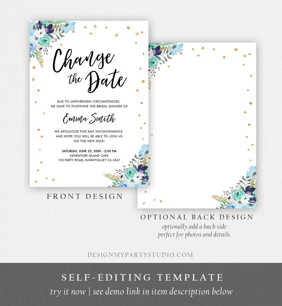 Editable Change the Date Announcement Bridal Shower Wedding Postponement Change of Plans Confetti Gold Blue Floral Corjl Template 0030