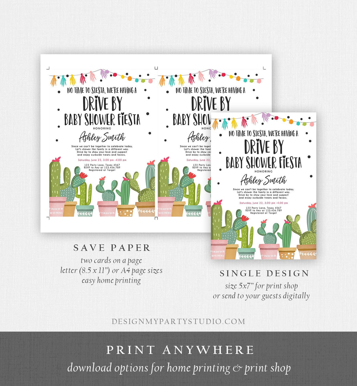 Editable Drive By Baby Shower Fiesta Invitation Cactus No Time to Siesta Coed Shower Drive Through Quarantine Sprinkle Corjl Template 0254