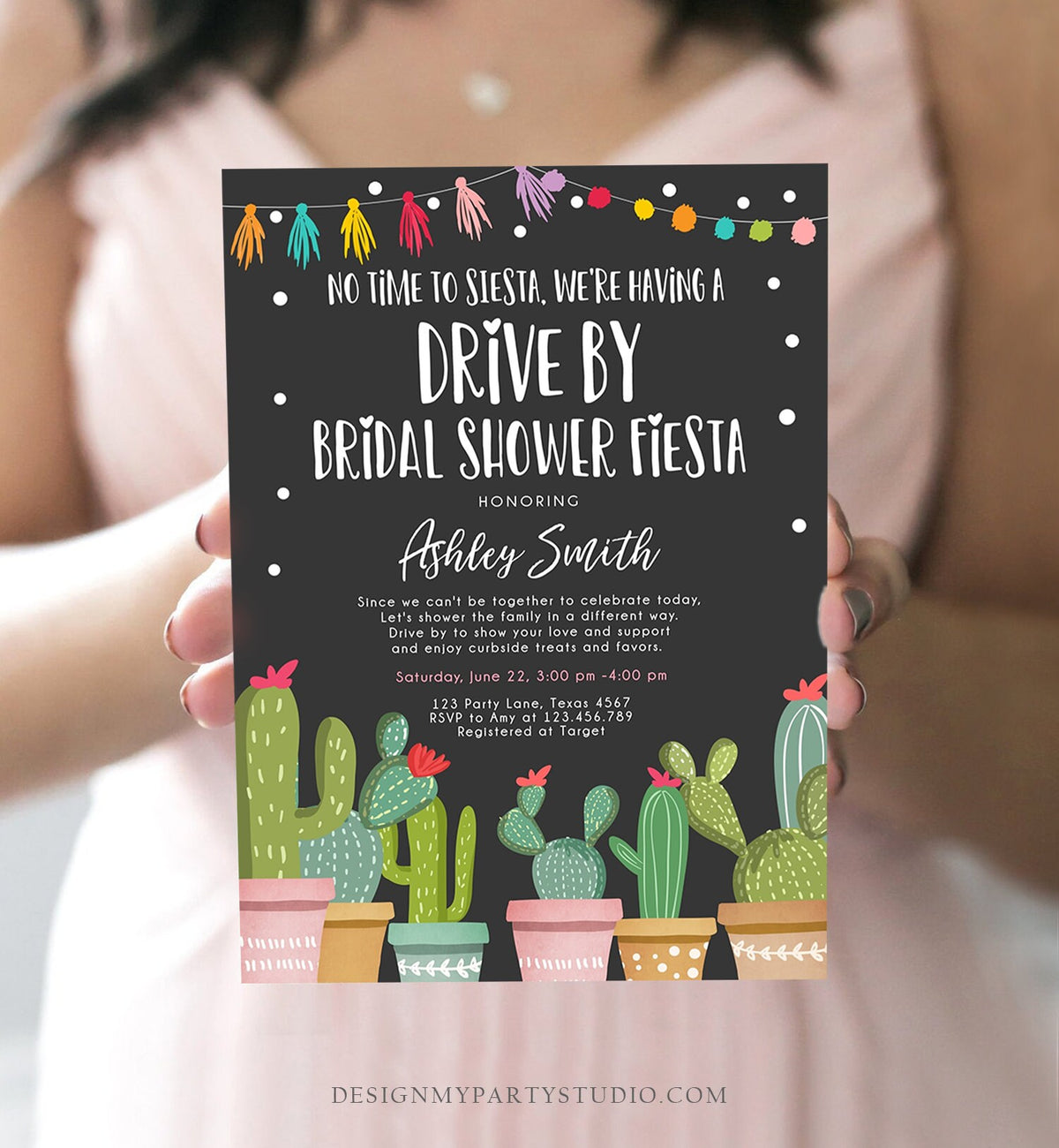 Editable Drive By Bridal Shower Fiesta Invitation Cactus No Time to Siesta Couples Shower Drive Through Quarantine Corjl Template 0254