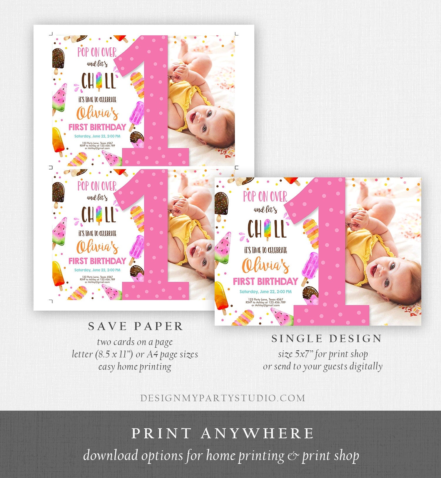 Editable Popsicle First Birthday Invitation Pink Girl Birthday Summer Pool Party Popsicle Party Swim Download Printable Template Corjl 0143