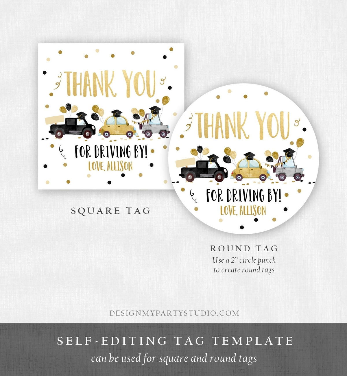 Editable Drive By Favor Tag Drive Through Graduation Parade Thank You Gift Tags Quarantine Gold Yellow High School Grad Graduate Corjl 0337