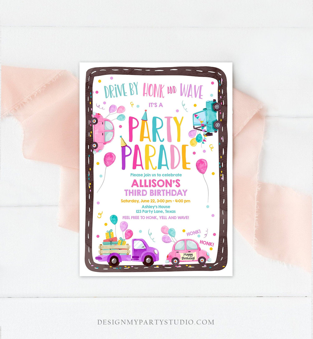 Editable Drive By Birthday Parade Invitation Virtual Party Invite Honk Wave Car Girl Pink Quarantine Instant Download Digital Corjl 0333