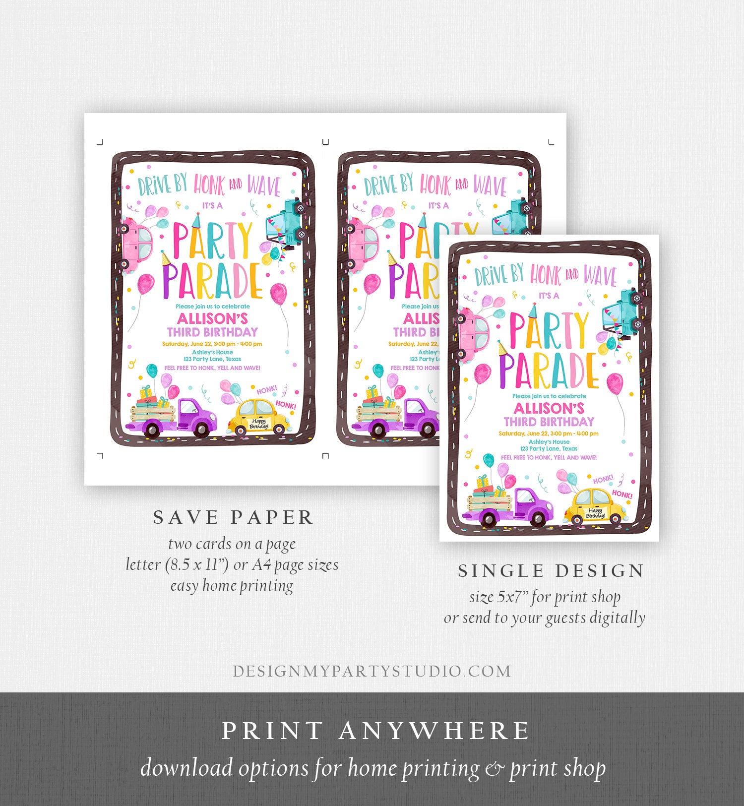 Editable Drive By Birthday Parade Invitation Virtual Party Invite Honk Wave Car Girl Pink Quarantine Instant Download Digital Corjl 0333