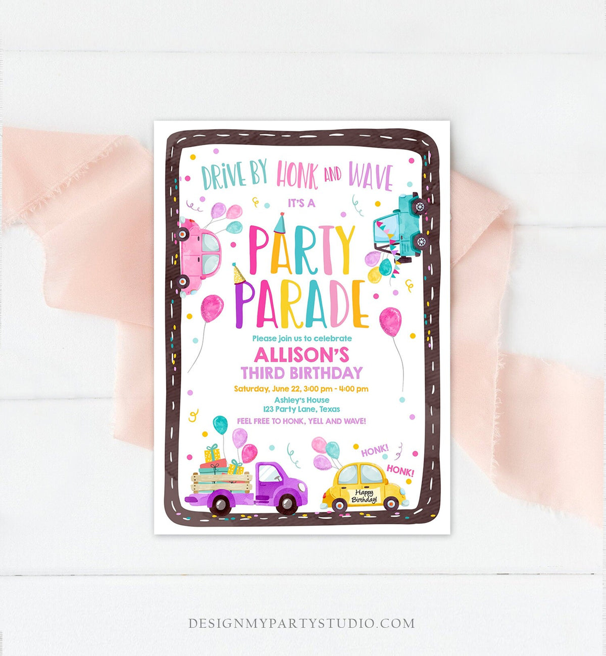 Editable Drive By Birthday Parade Invitation Virtual Party Invite Honk Wave Car Girl Pink Quarantine Instant Download Digital Corjl 0333