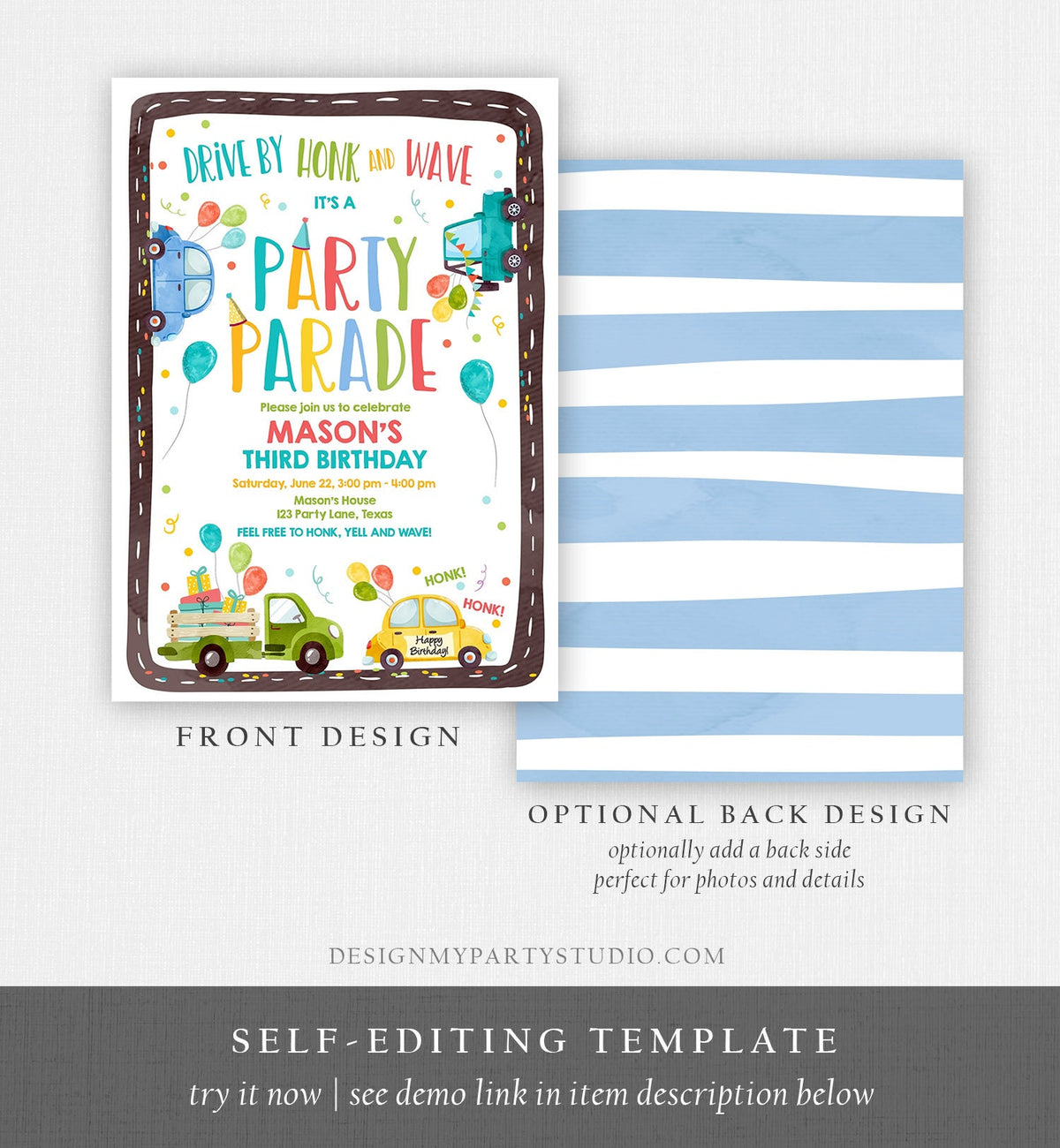 Editable Drive By Birthday Parade Invitation Virtual Party Invite Honk Wave Car Boy Blue Quarantine Instant Download Digital Corjl 0333