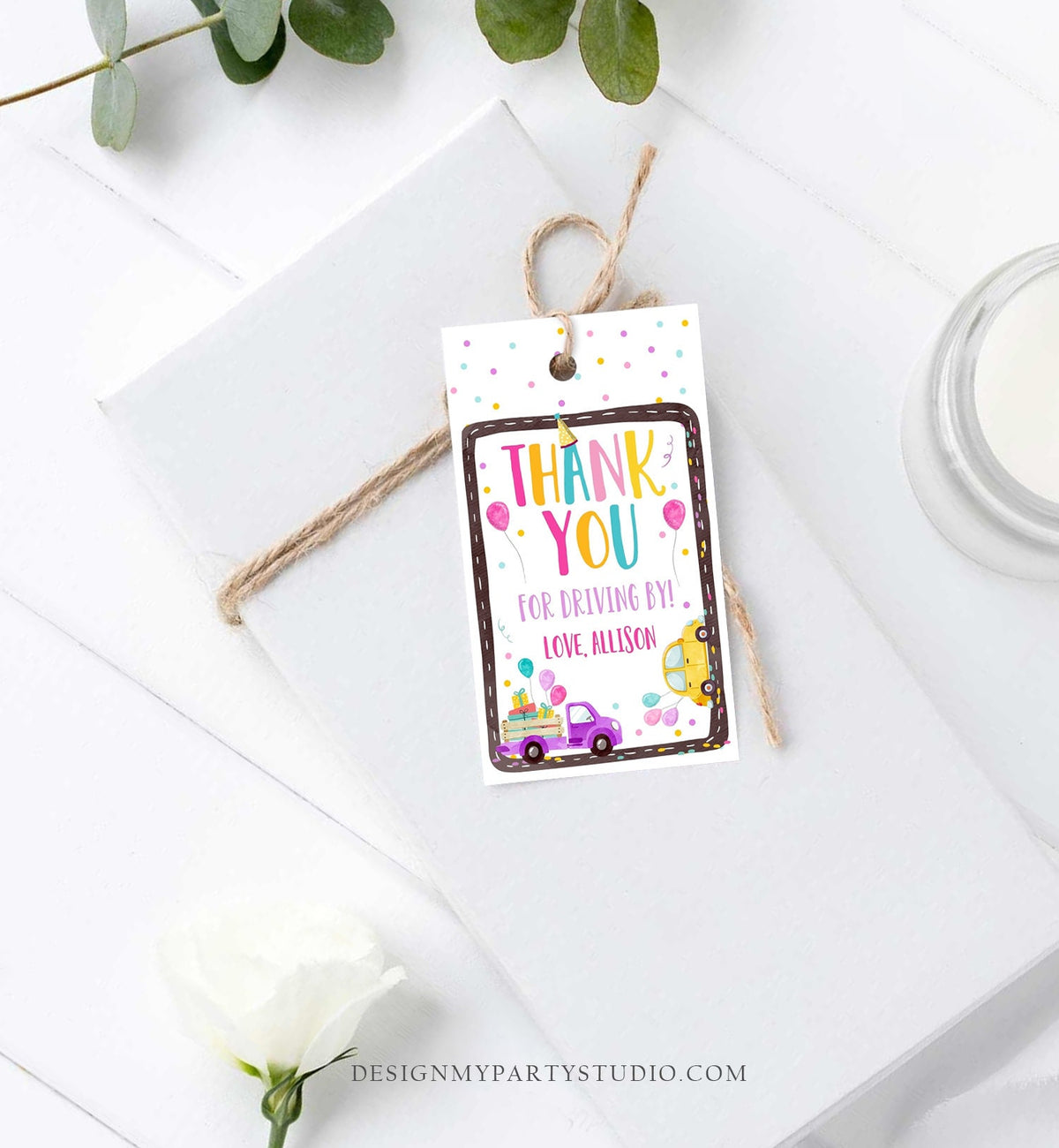 Editable Drive By Favor Tag Drive By Birthday Favors Party Parade Thank You Gift Tags Quarantine Pink Car Girl Corjl Template Printable 0333