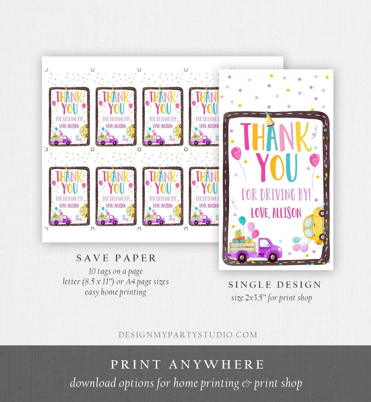 Editable Drive By Favor Tag Drive By Birthday Favors Party Parade Thank You Gift Tags Quarantine Pink Car Girl Corjl Template Printable 0333