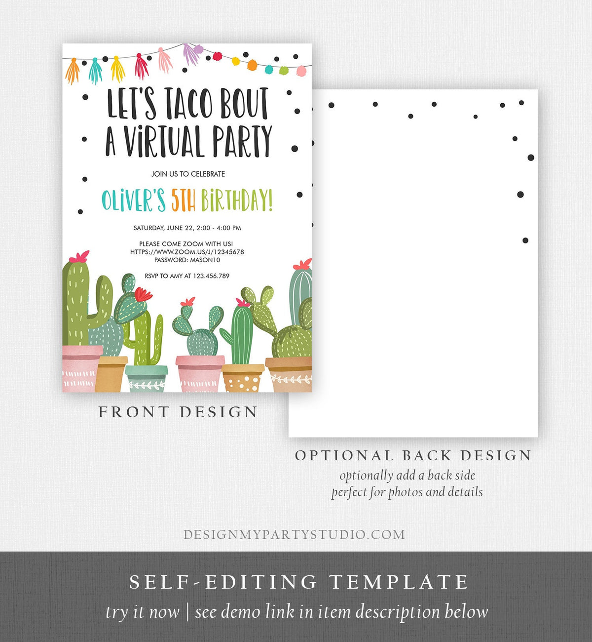 Editable Taco Bout a Virtual Party Birthday Invitation Fiesta Cactus Zoom Party Video Chat Quarantine Party Distancing Corjl Template 0254