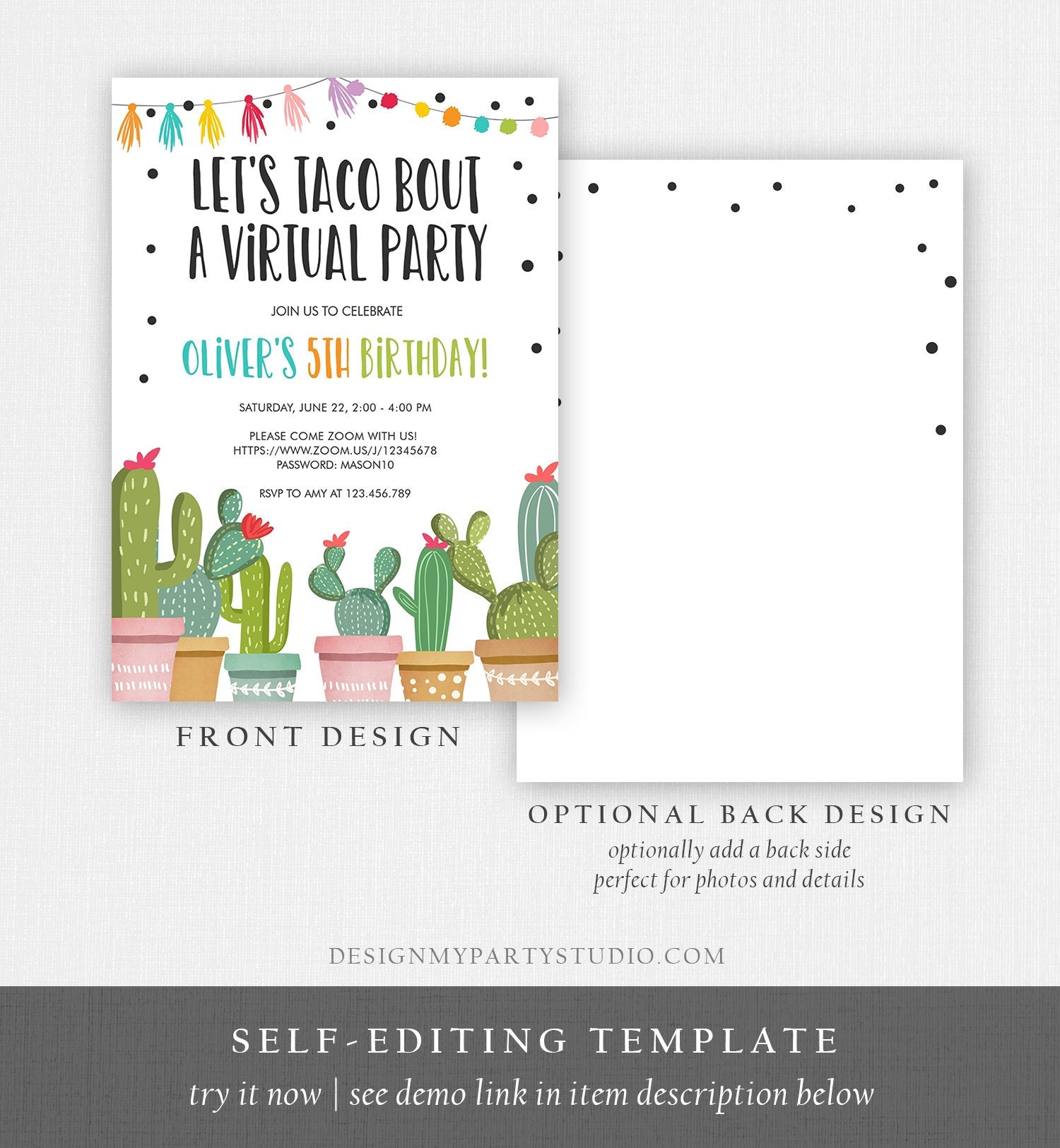 Editable Taco Bout a Virtual Party Birthday Invitation Fiesta Cactus Zoom Party Video Chat Quarantine Party Distancing Corjl Template 0254