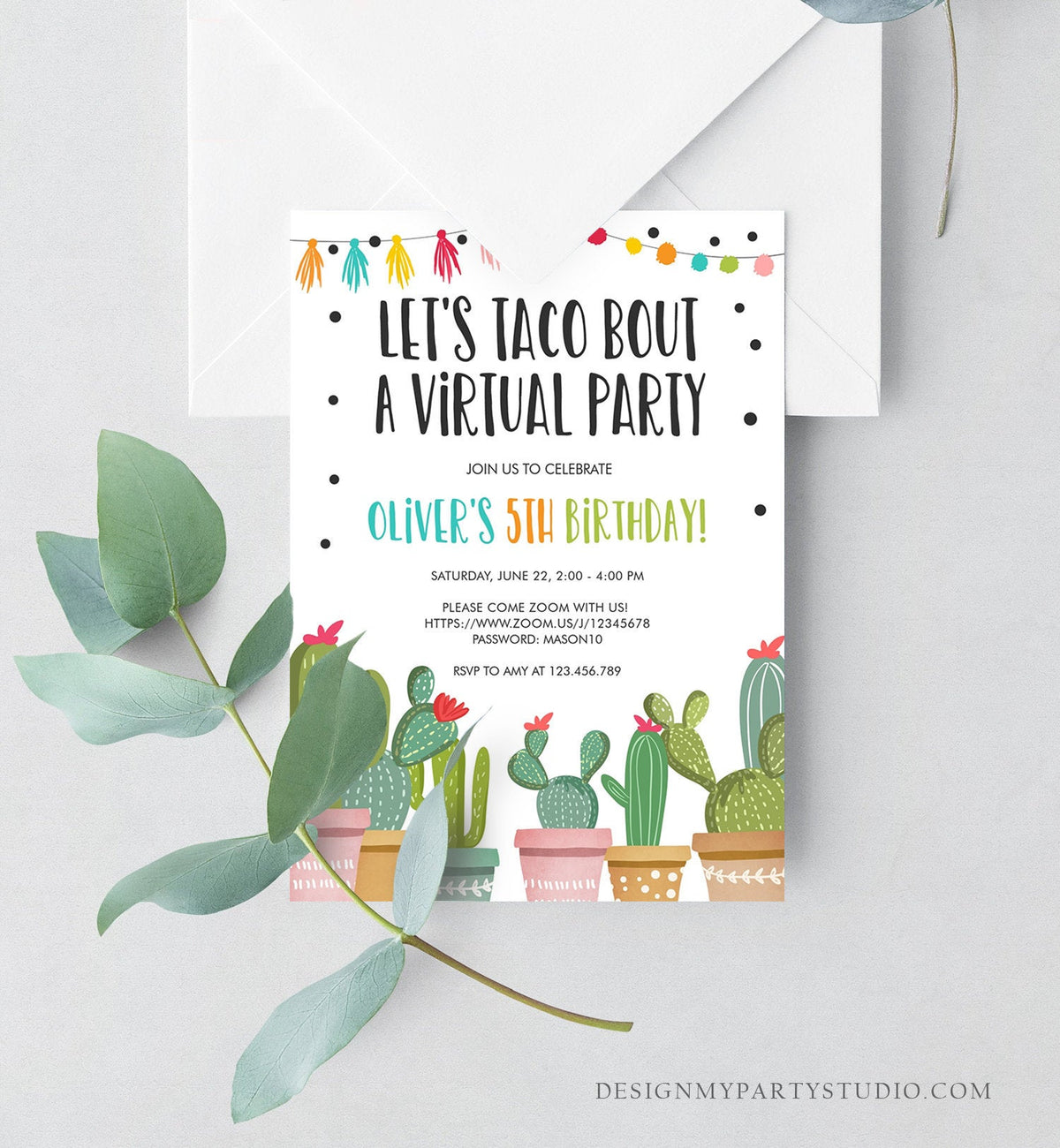 Editable Taco Bout a Virtual Party Birthday Invitation Fiesta Cactus Zoom Party Video Chat Quarantine Party Distancing Corjl Template 0254