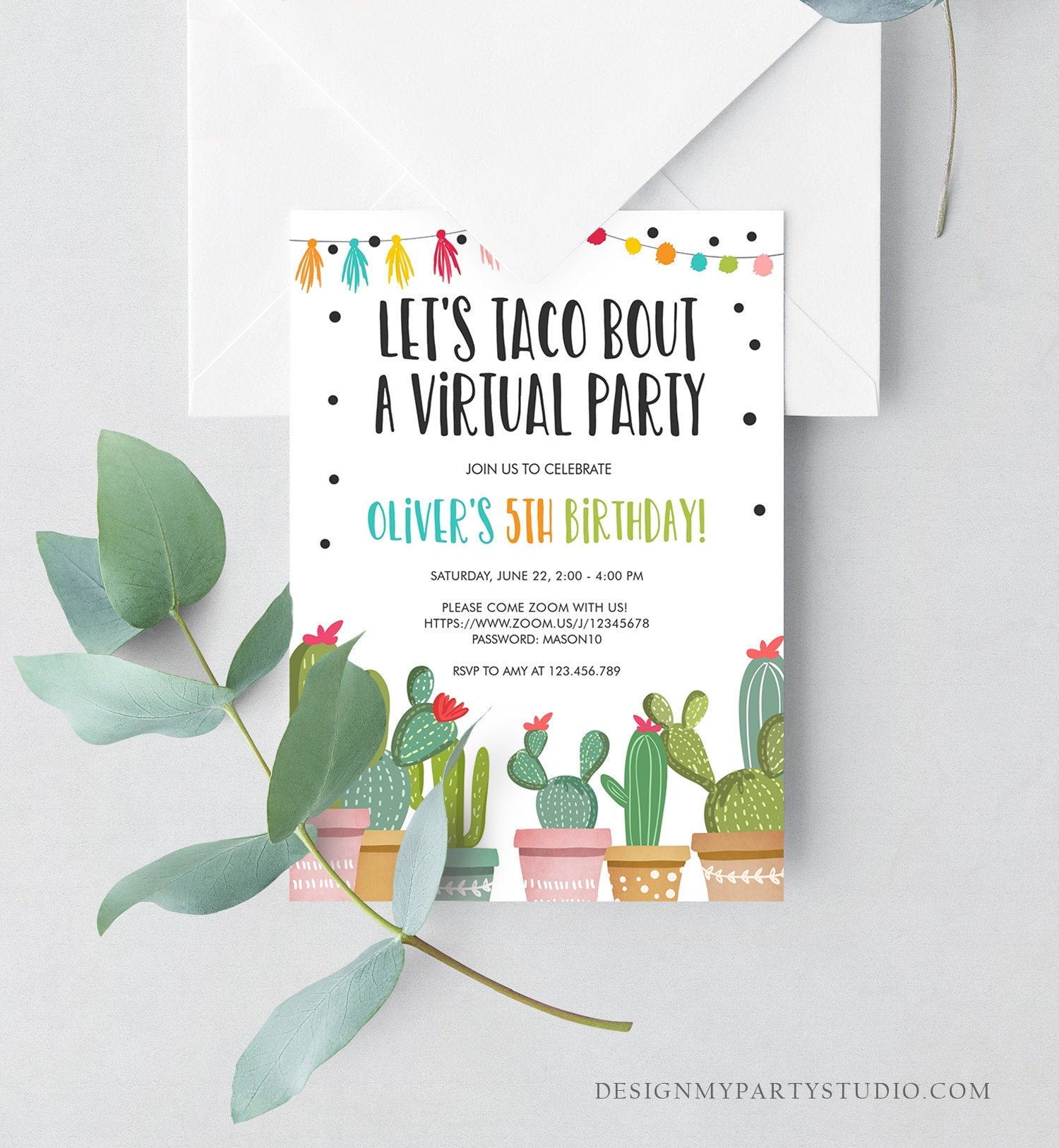 Editable Taco Bout a Virtual Party Birthday Invitation Fiesta Cactus Zoom Party Video Chat Quarantine Party Distancing Corjl Template 0254