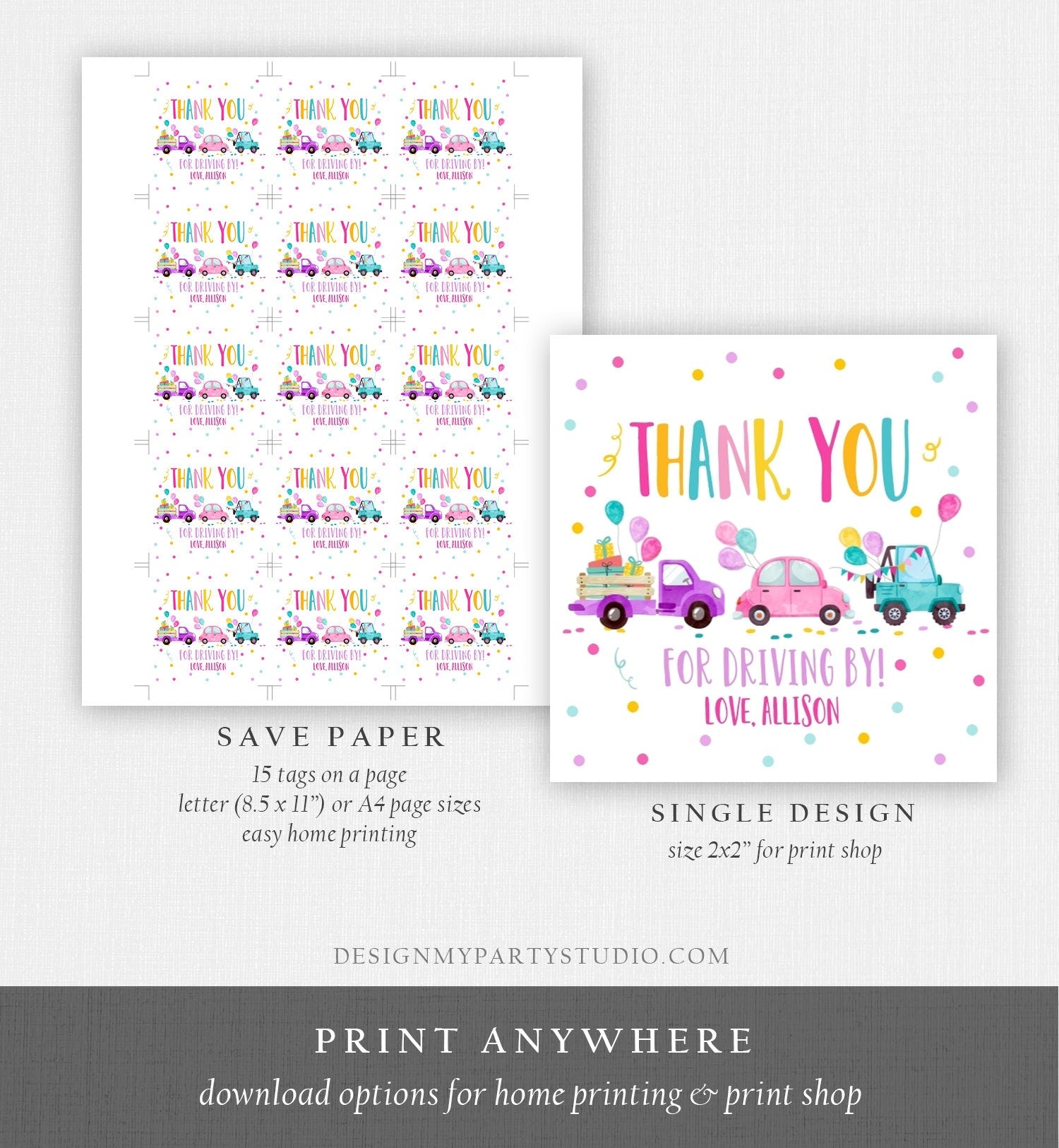 Editable Drive By Favor Tag Drive By Birthday Parade Thank You Gift Tags Quarantine Pink Car Girl Round Square Sticker Corjl Template 0333