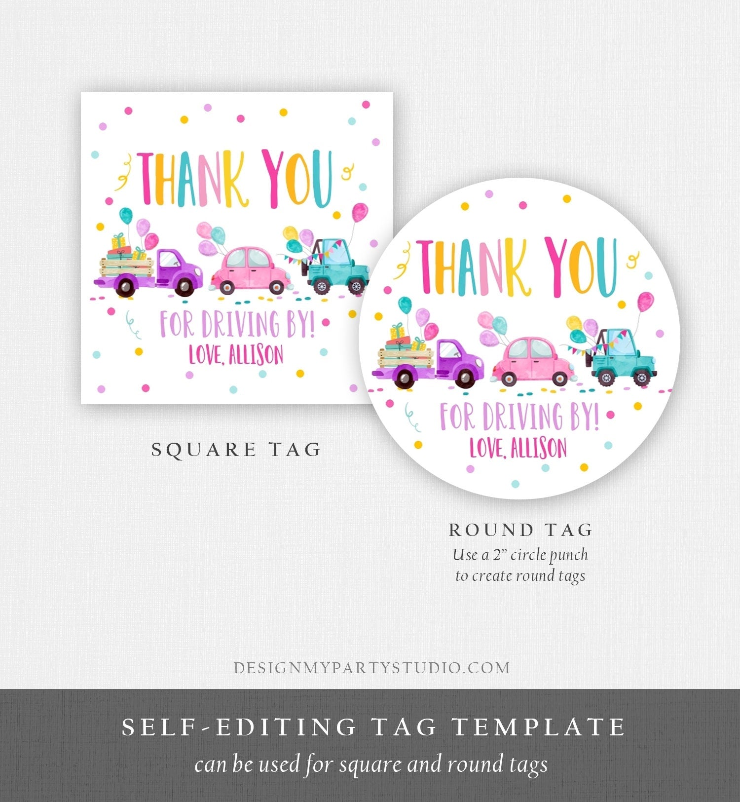 Editable Drive By Favor Tag Drive By Birthday Parade Thank You Gift Tags Quarantine Pink Car Girl Round Square Sticker Corjl Template 0333