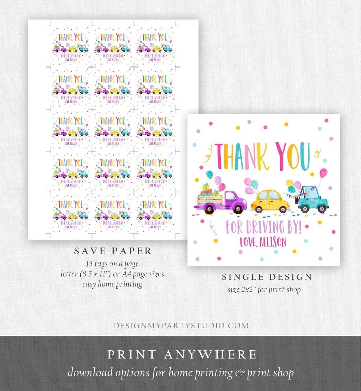 Editable Drive By Favor Tag Drive By Birthday Parade Thank You Gift Tags Quarantine Pink Car Girl Round Square Sticker Corjl Template 0333