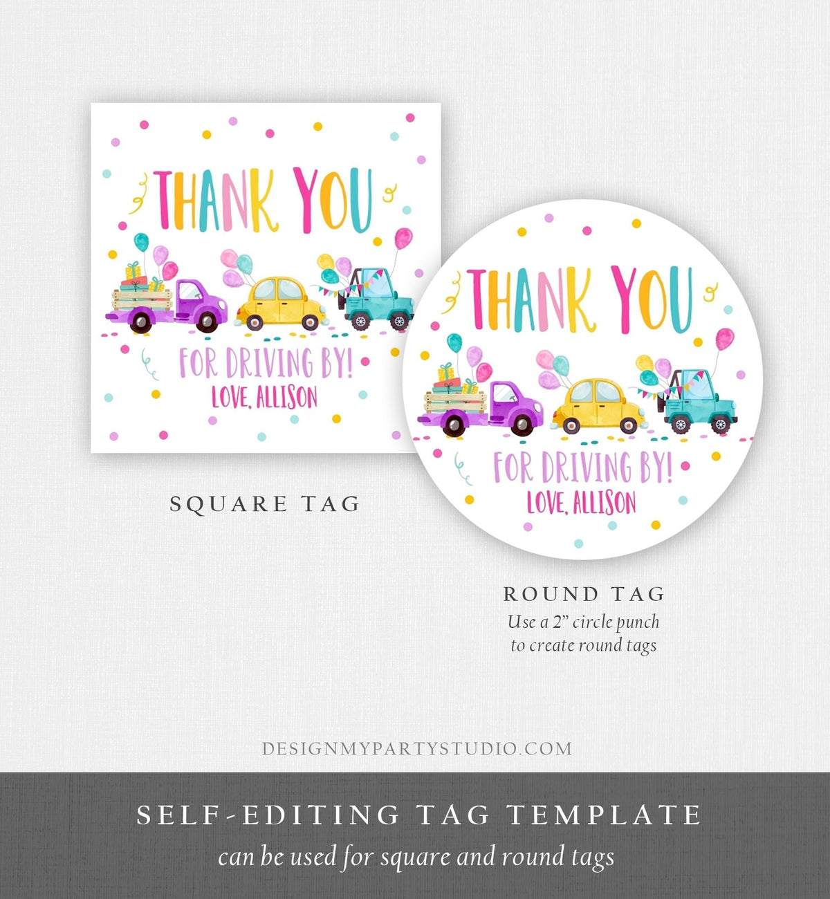 Editable Drive By Favor Tag Drive By Birthday Parade Thank You Gift Tags Quarantine Pink Car Girl Round Square Sticker Corjl Template 0333