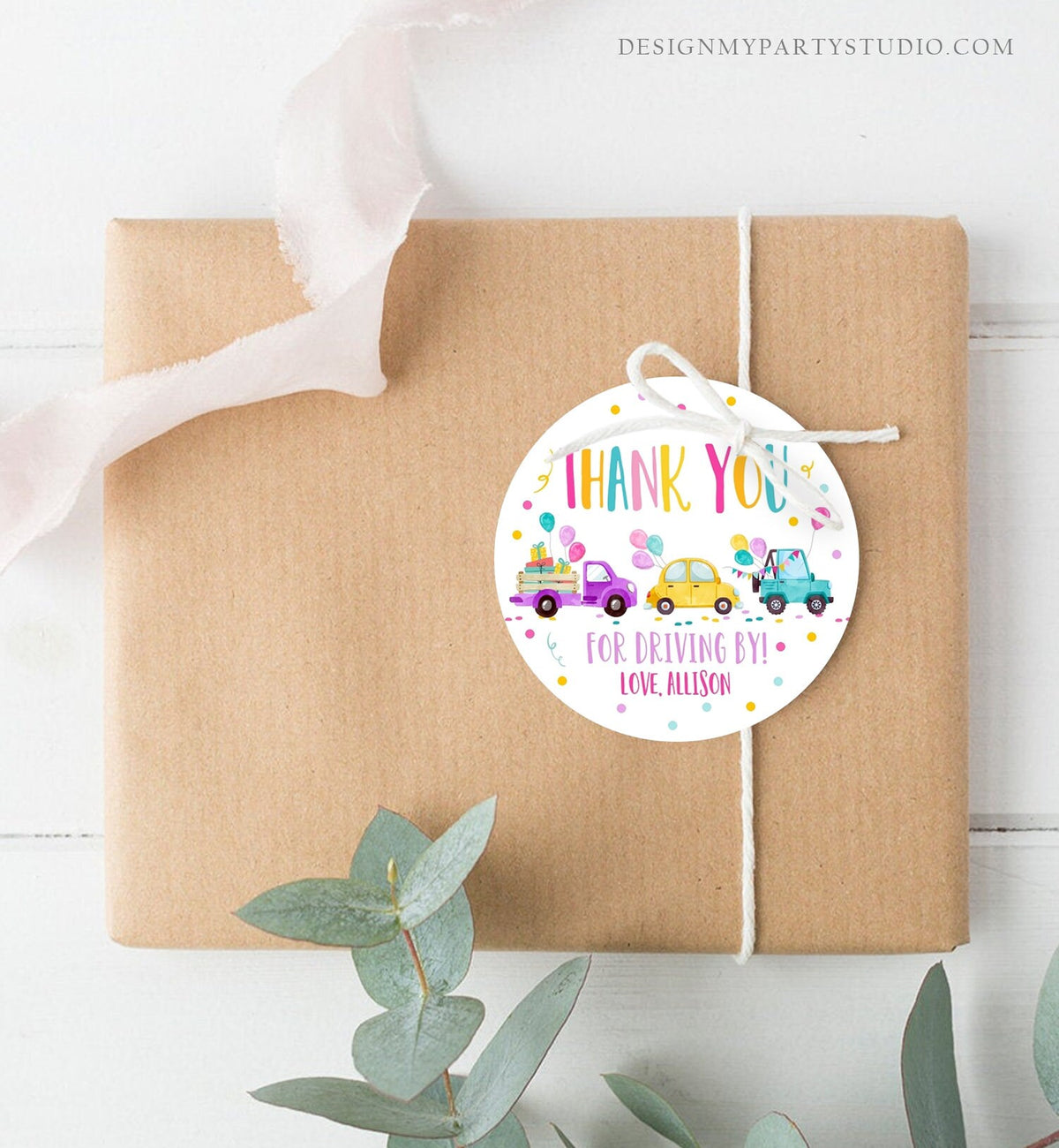 Editable Drive By Favor Tag Drive By Birthday Parade Thank You Gift Tags Quarantine Pink Car Girl Round Square Sticker Corjl Template 0333