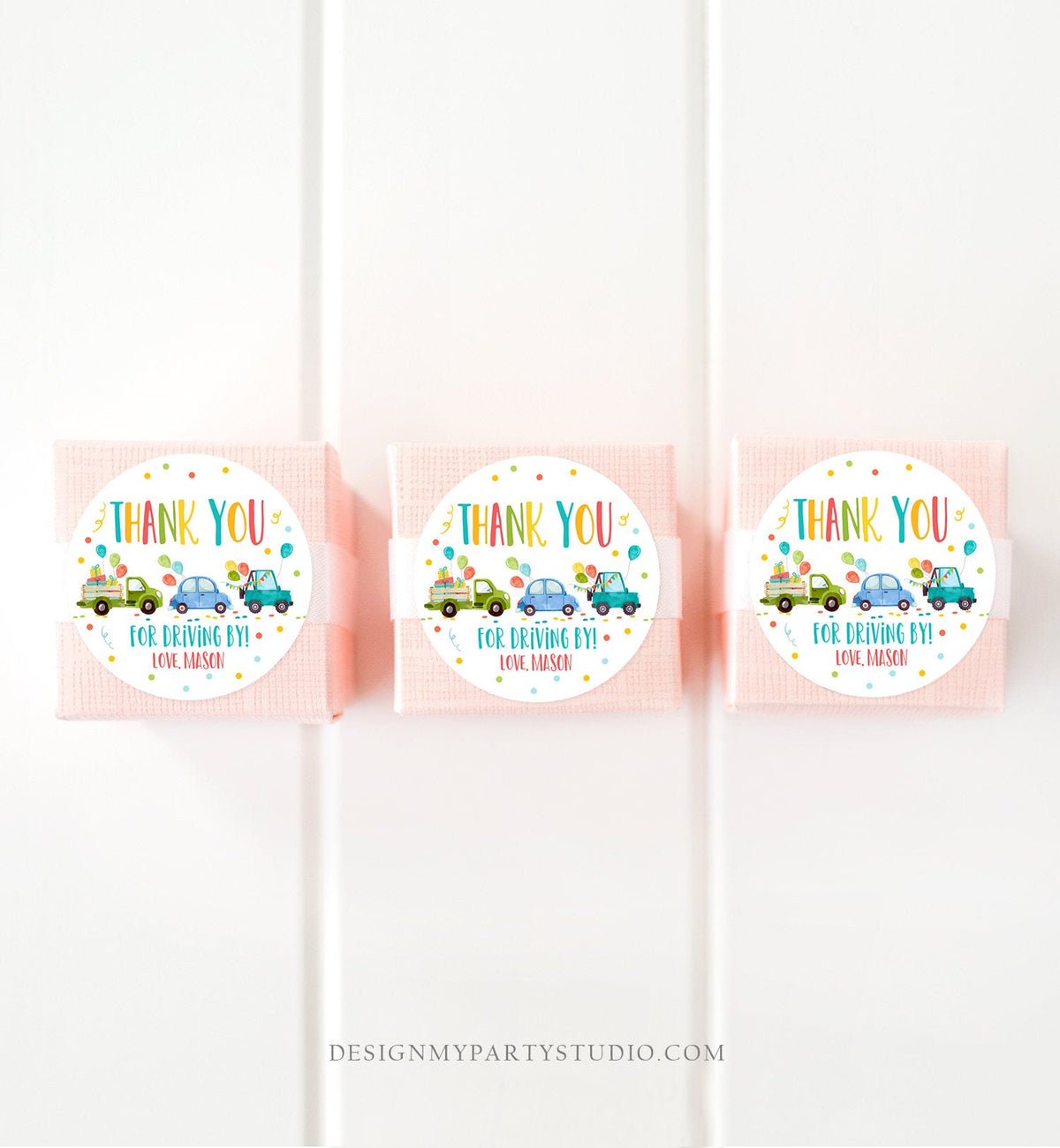 Editable Drive By Favor Tag Drive By Birthday Parade Thank You Gift Tags Quarantine Blue Car Boy Round Square Sticker Corjl Template 0333