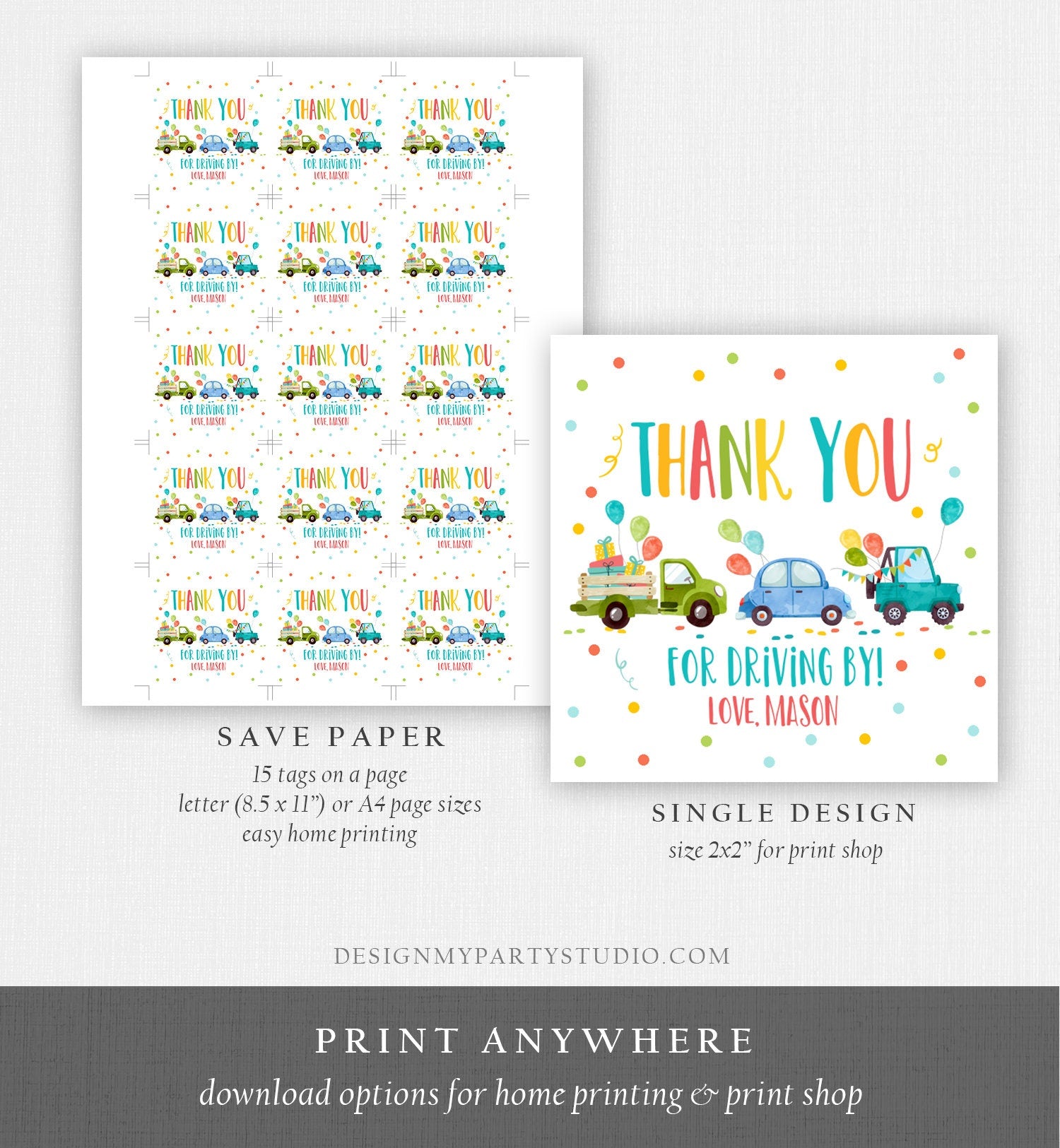 Editable Drive By Favor Tag Drive By Birthday Parade Thank You Gift Tags Quarantine Blue Car Boy Round Square Sticker Corjl Template 0333