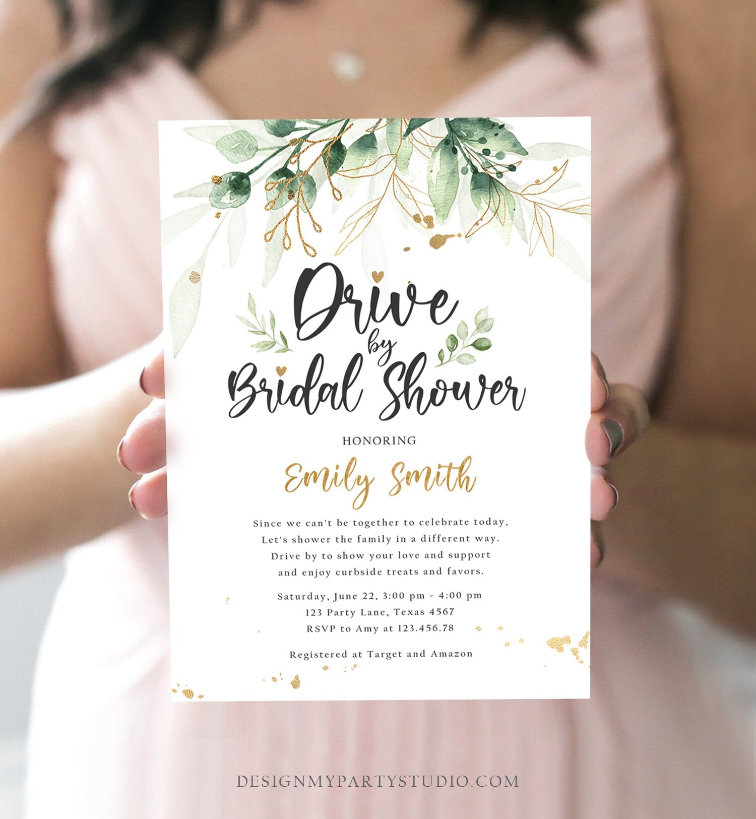 Editable Drive By Bridal Shower Invitation Drive Through Social Distancing Gold Floral Greenery Couples Coed Shower Corjl Template 0168