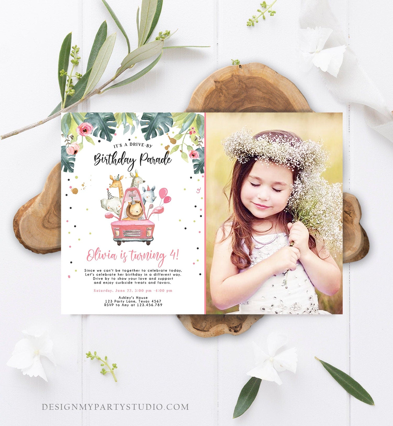 Editable Drive By Birthday Parade Invitation Girl Pink Gold Safari Animals Car Drive Through Quarantine Social Distancing Party Corjl 0345