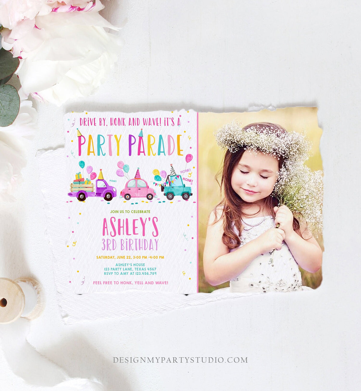 Editable Drive By Birthday Parade Invitation Virtual Party Invite Honk Wave Car Girl Pink Quarantine Instant Download Digital Corjl 0333