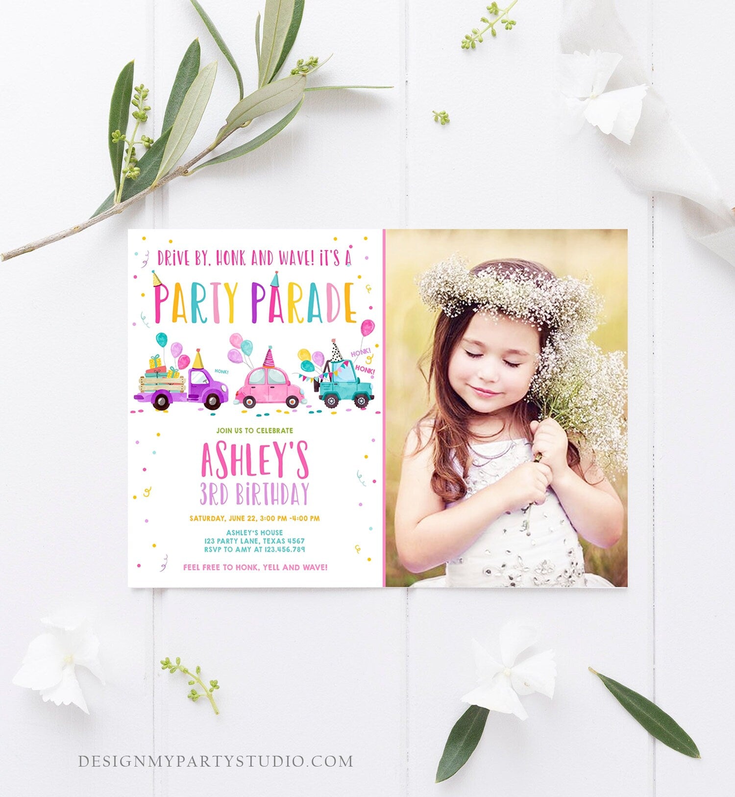 Editable Drive By Birthday Parade Invitation Virtual Party Invite Honk Wave Car Girl Pink Quarantine Instant Download Digital Corjl 0333