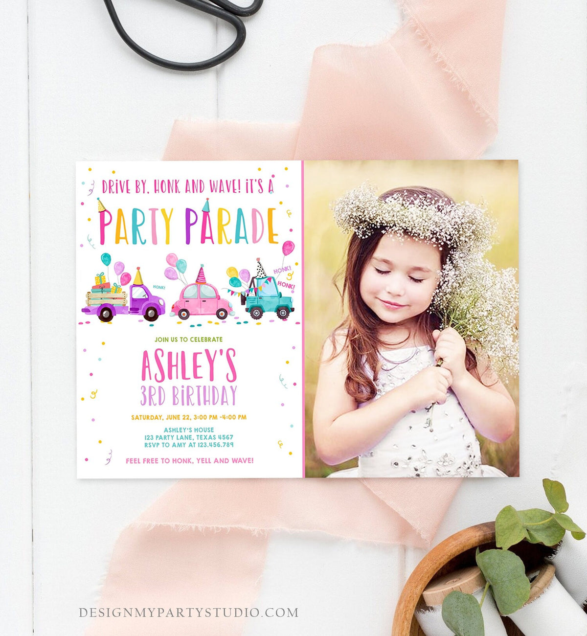 Editable Drive By Birthday Parade Invitation Virtual Party Invite Honk Wave Car Girl Pink Quarantine Instant Download Digital Corjl 0333