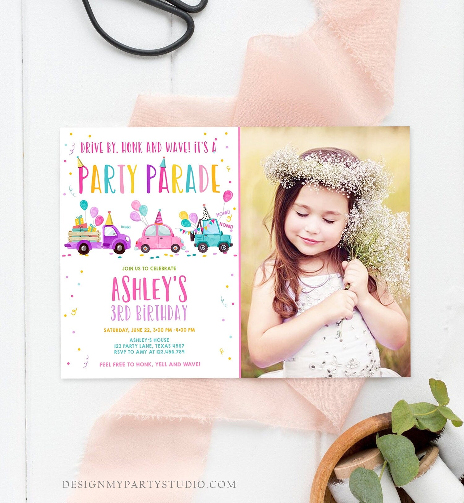 Editable Drive By Birthday Parade Invitation Virtual Party Invite Honk Wave Car Girl Pink Quarantine Instant Download Digital Corjl 0333