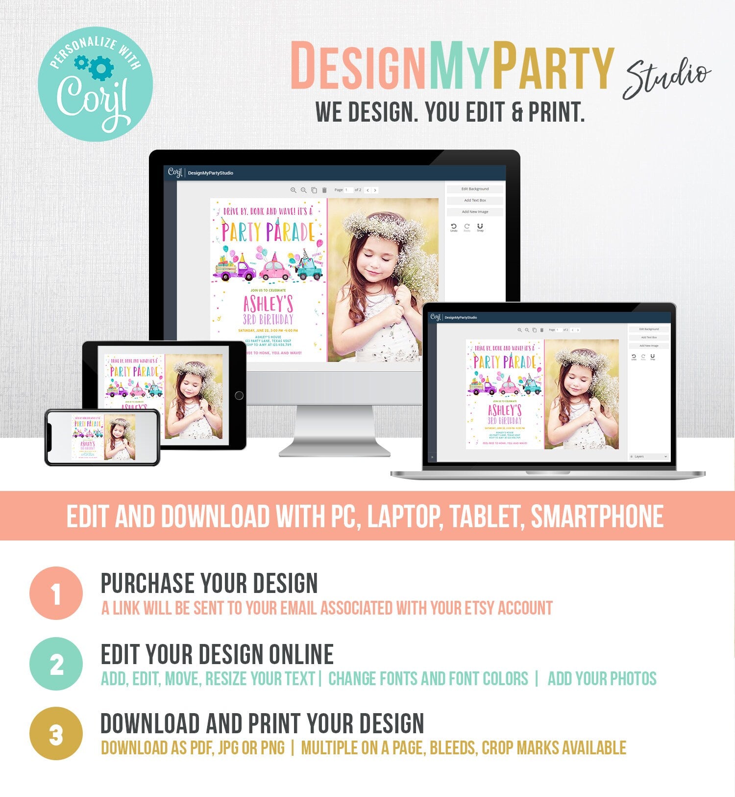 Editable Drive By Birthday Parade Invitation Virtual Party Invite Honk Wave Car Girl Pink Quarantine Instant Download Digital Corjl 0333