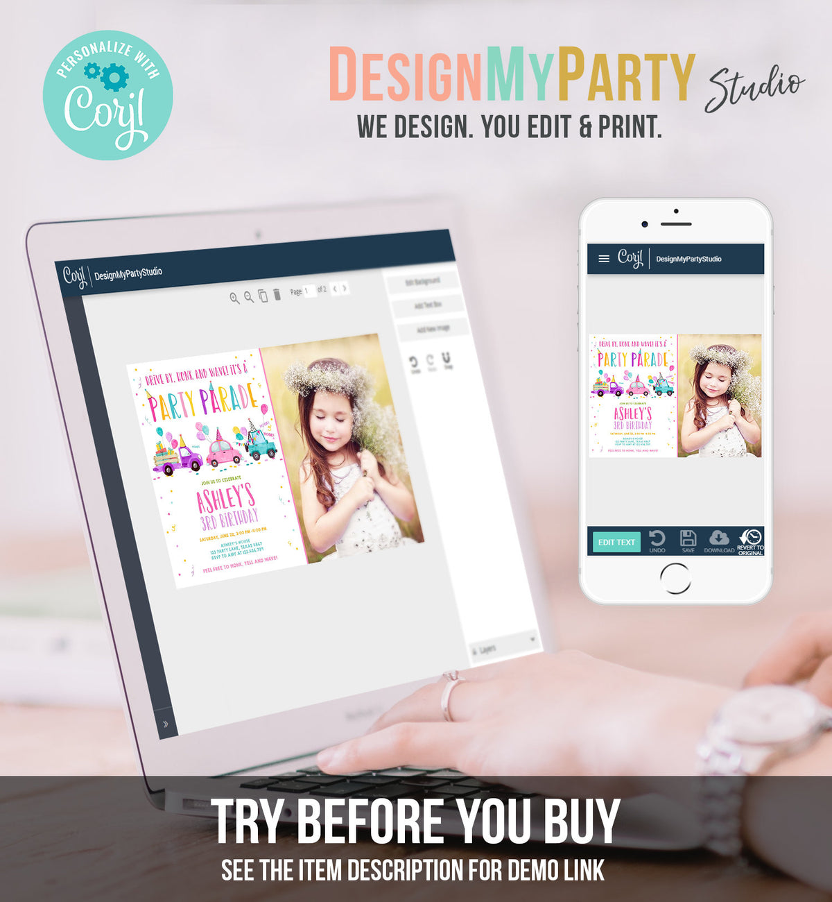 Editable Drive By Birthday Parade Invitation Virtual Party Invite Honk Wave Car Girl Pink Quarantine Instant Download Digital Corjl 0333