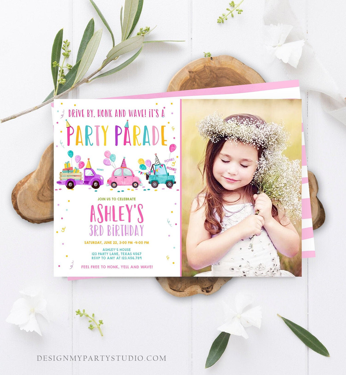 Editable Drive By Birthday Parade Invitation Virtual Party Invite Honk Wave Car Girl Pink Quarantine Instant Download Digital Corjl 0333