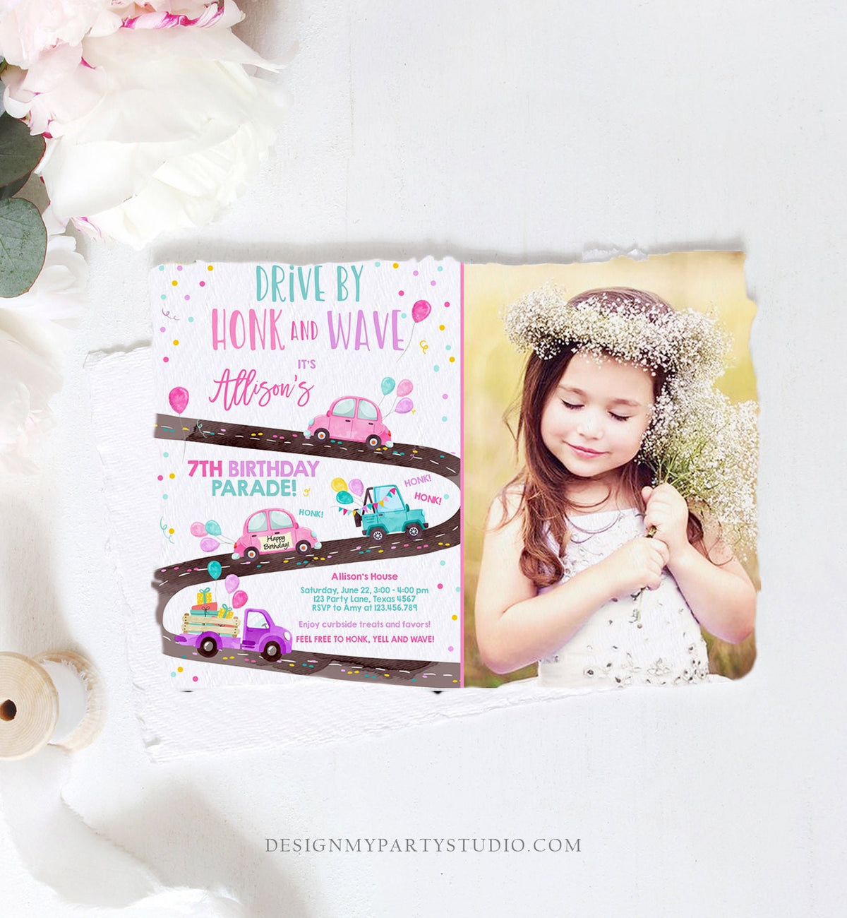 Editable Drive By Birthday Parade Invitation Virtual Party Invite Honk Wave Car Girl Pink Quarantine Instant Download Digital Corjl 0333