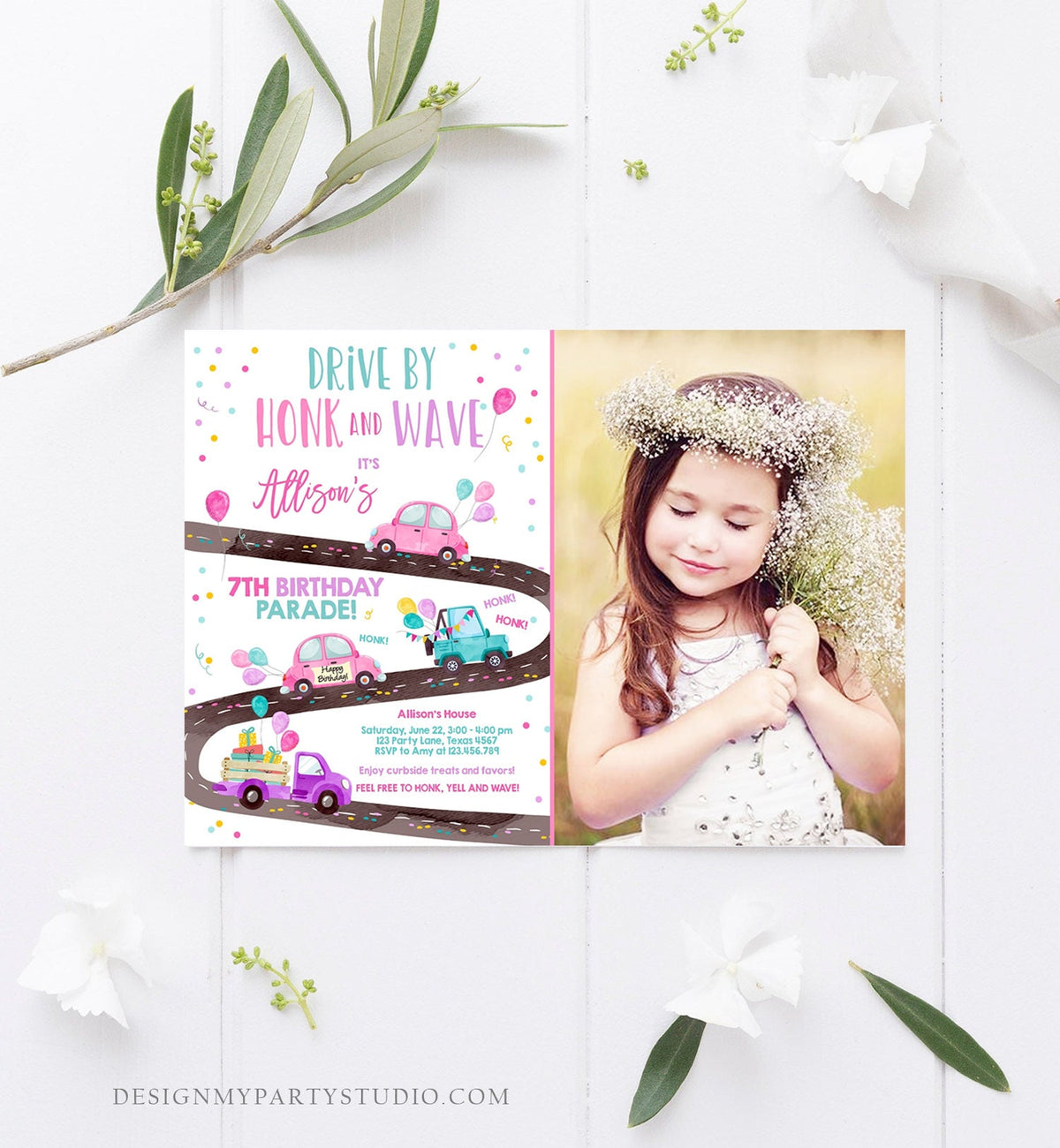 Editable Drive By Birthday Parade Invitation Virtual Party Invite Honk Wave Car Girl Pink Quarantine Instant Download Digital Corjl 0333