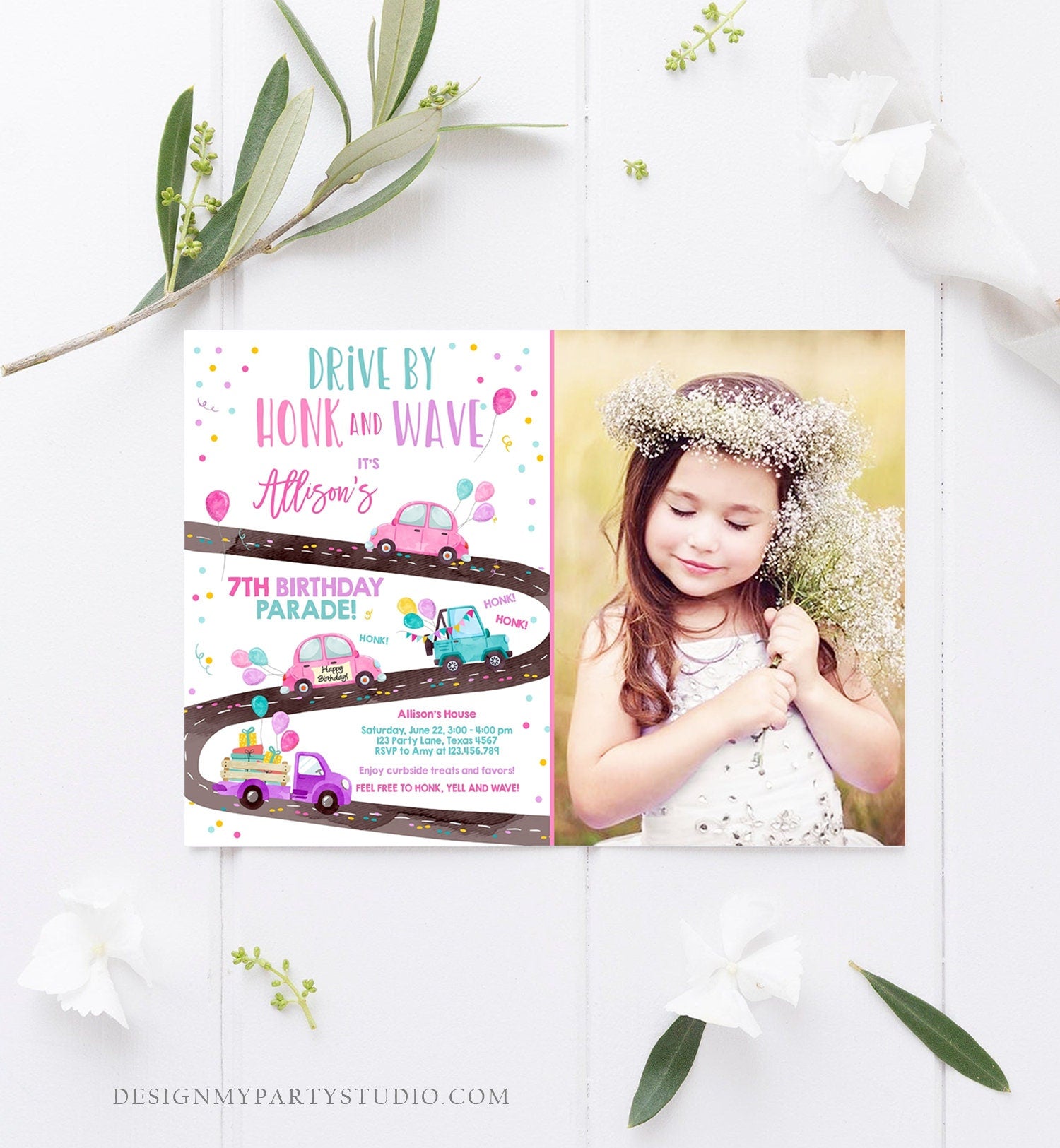 Editable Drive By Birthday Parade Invitation Virtual Party Invite Honk Wave Car Girl Pink Quarantine Instant Download Digital Corjl 0333