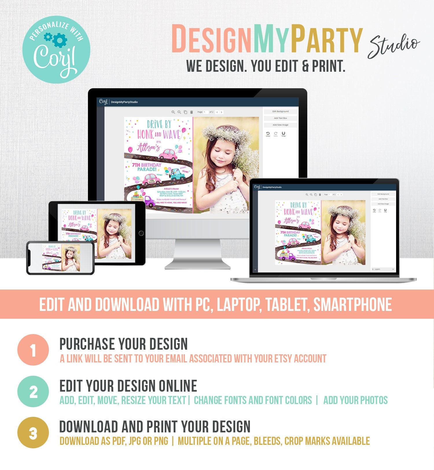 Editable Drive By Birthday Parade Invitation Virtual Party Invite Honk Wave Car Girl Pink Quarantine Instant Download Digital Corjl 0333