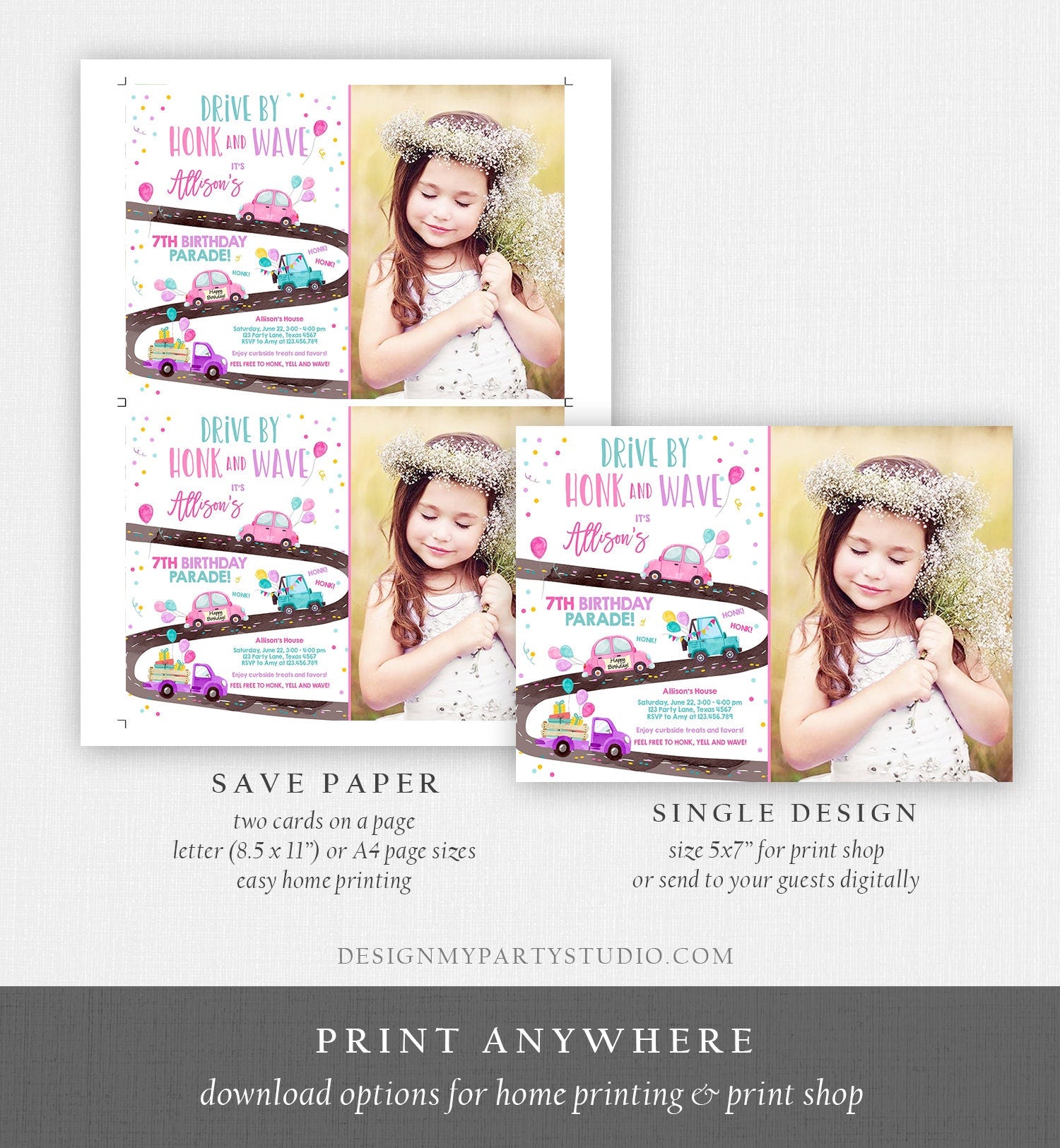 Editable Drive By Birthday Parade Invitation Virtual Party Invite Honk Wave Car Girl Pink Quarantine Instant Download Digital Corjl 0333