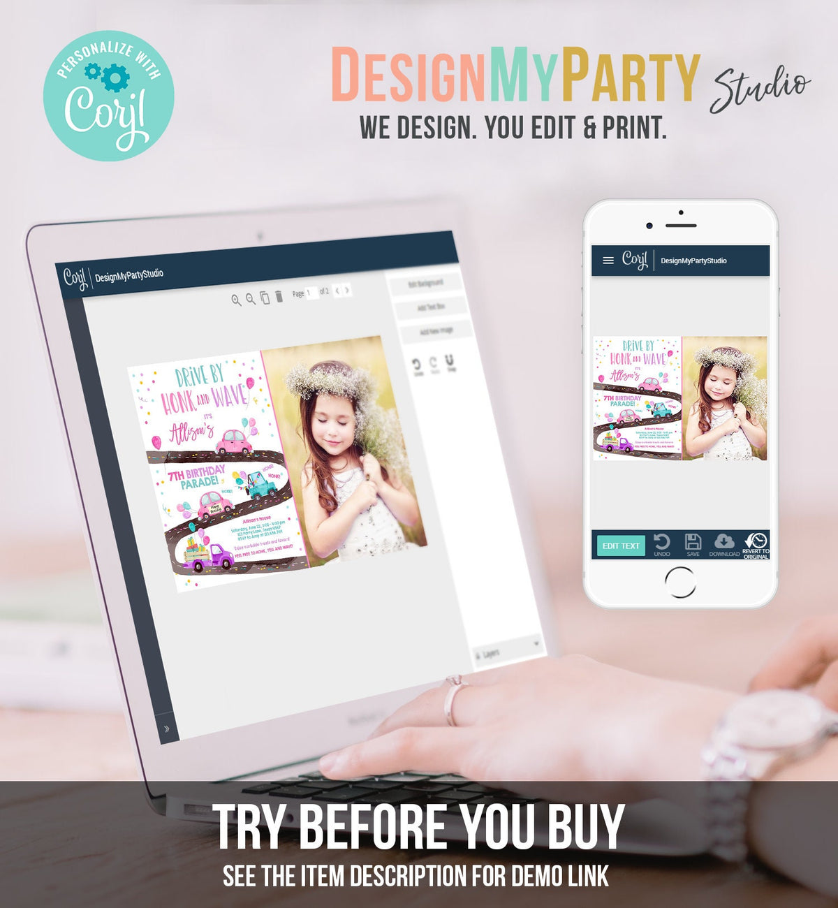 Editable Drive By Birthday Parade Invitation Virtual Party Invite Honk Wave Car Girl Pink Quarantine Instant Download Digital Corjl 0333