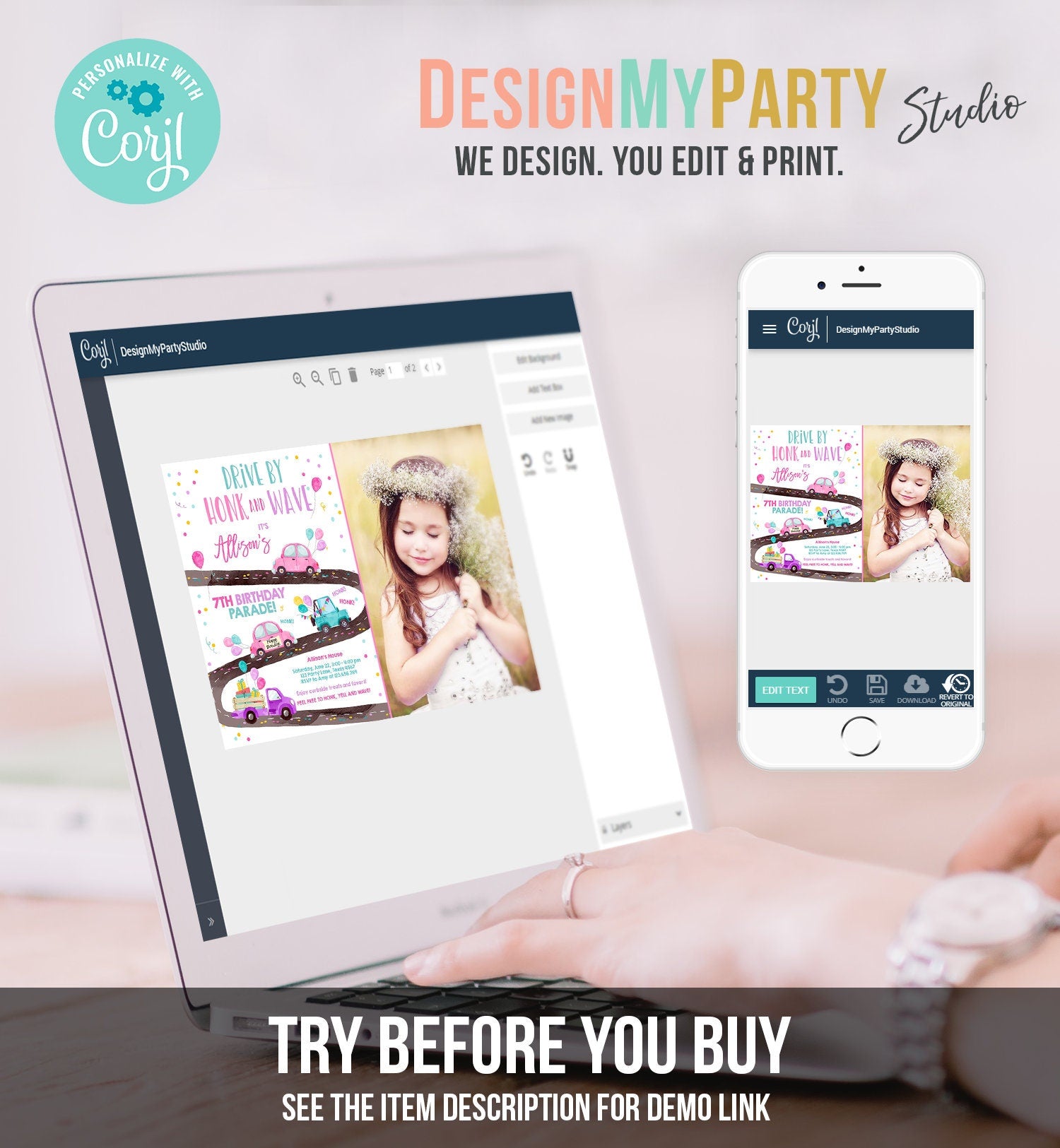 Editable Drive By Birthday Parade Invitation Virtual Party Invite Honk Wave Car Girl Pink Quarantine Instant Download Digital Corjl 0333