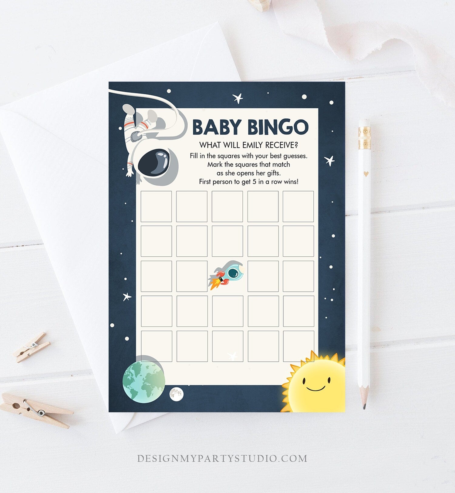 Editable Baby Bingo Baby Shower Game Space Baby Shower Activity Astronaut Rocket Boy Space Ship Bingo Cards Corjl Template Printable 0046