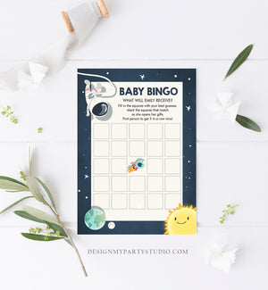 Editable Baby Bingo Baby Shower Game Space Baby Shower Activity Astronaut Rocket Boy Space Ship Bingo Cards Corjl Template Printable 0046
