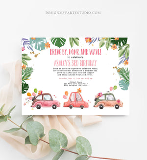 Editable Drive By Birthday Parade Invitation Tropical Virtual Party Invite Honk Wave Car Girl Quarantine Instant Download Digital Corjl 0335