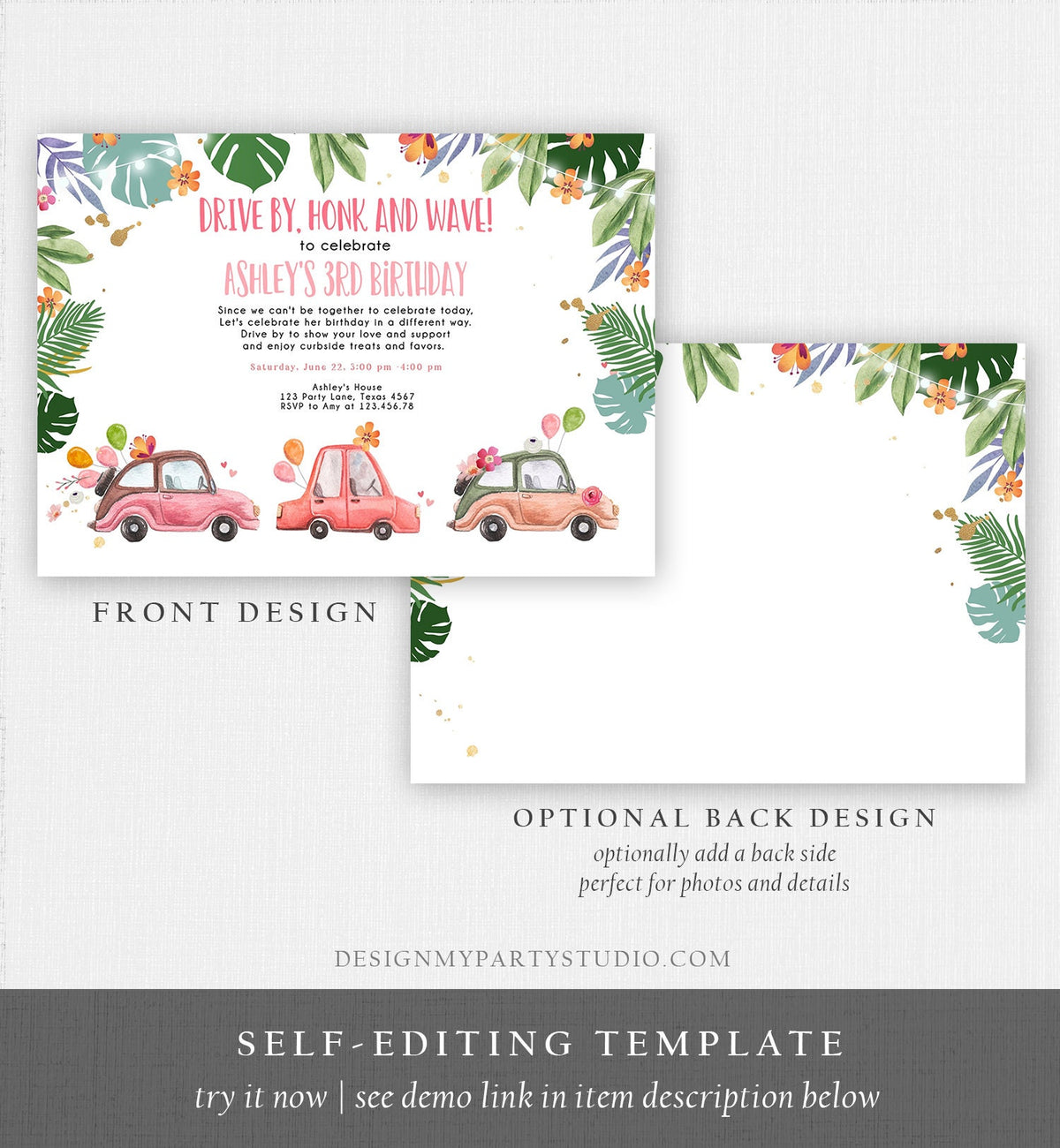 Editable Drive By Birthday Parade Invitation Tropical Virtual Party Invite Honk Wave Car Girl Quarantine Instant Download Digital Corjl 0335