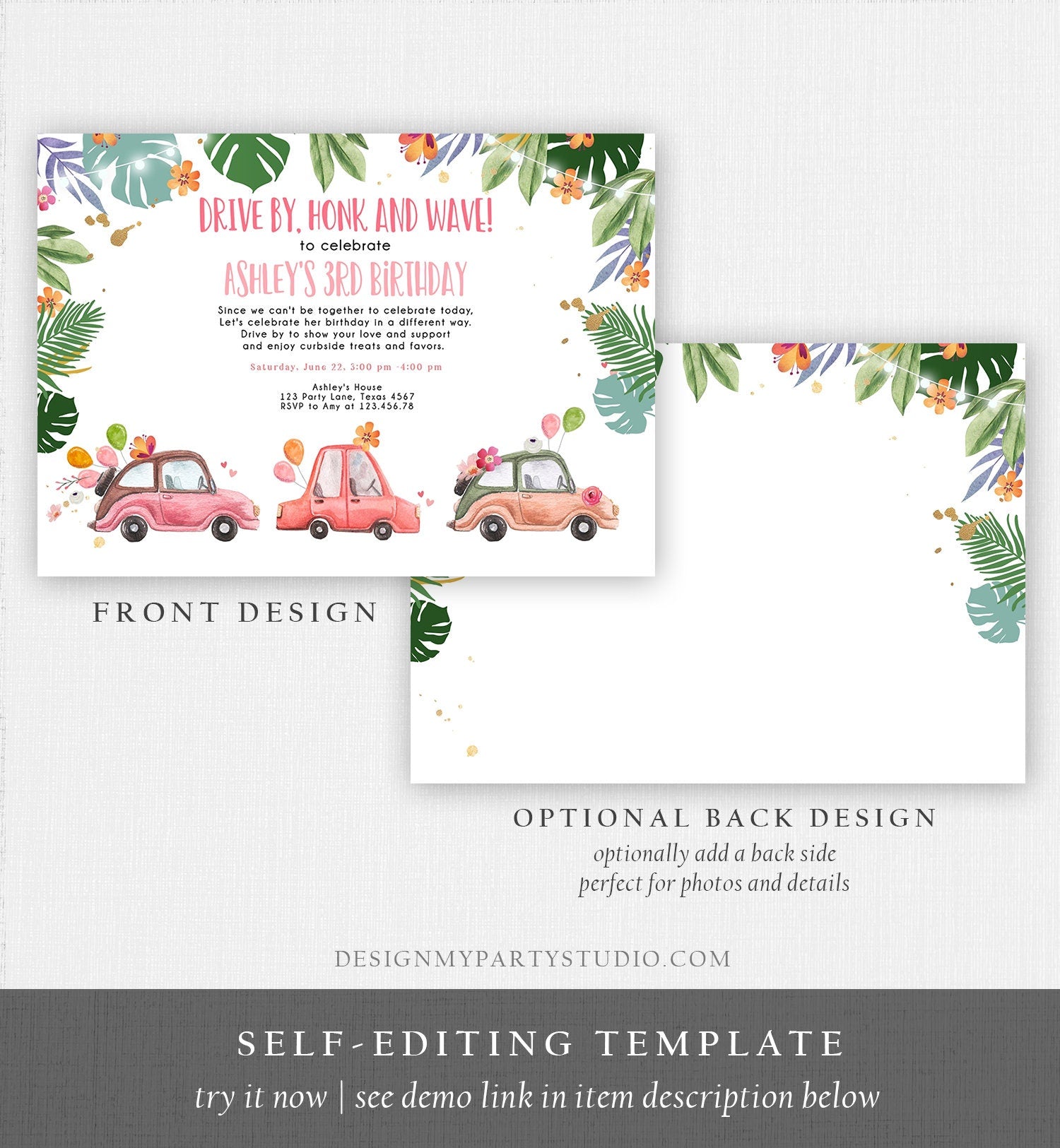 Editable Drive By Birthday Parade Invitation Tropical Virtual Party Invite Honk Wave Car Girl Quarantine Instant Download Digital Corjl 0335