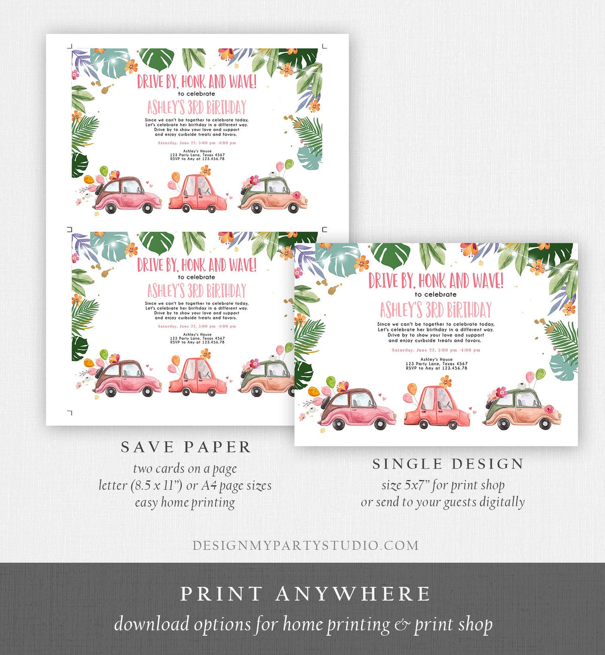 Editable Drive By Birthday Parade Invitation Tropical Virtual Party Invite Honk Wave Car Girl Quarantine Instant Download Digital Corjl 0335