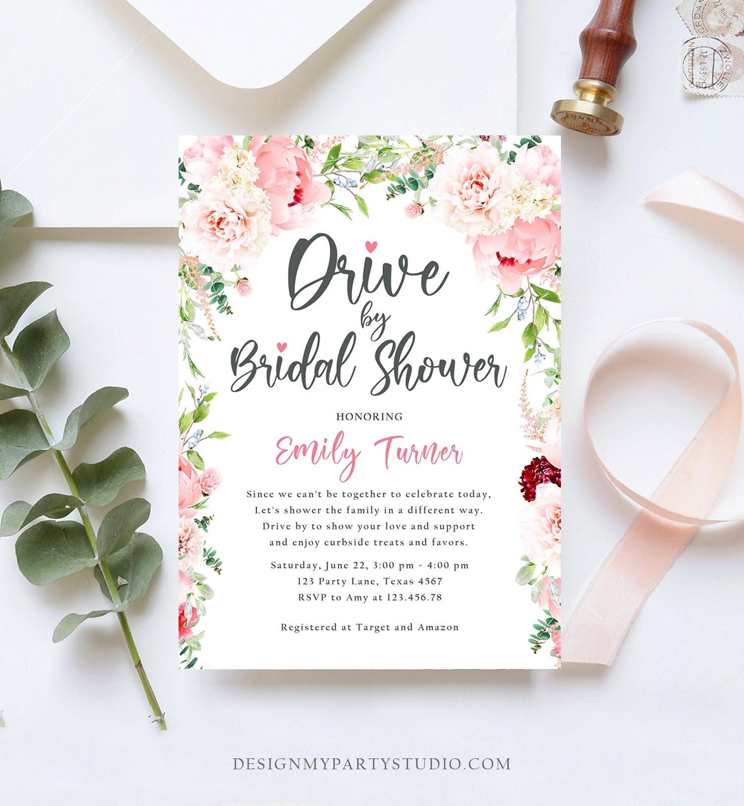 Editable Drive By Bridal Shower Invitation Drive Through Social Distancing Peony Floral Botanical Couples Coed Shower Corjl Template 0168