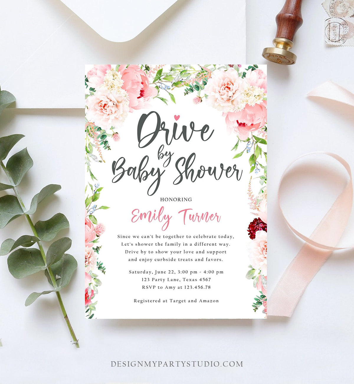 Editable Drive By Baby Shower Invitation Drive Through Social Distancing Peony Floral Botanical Couples Coed Shower Corjl Template 0168