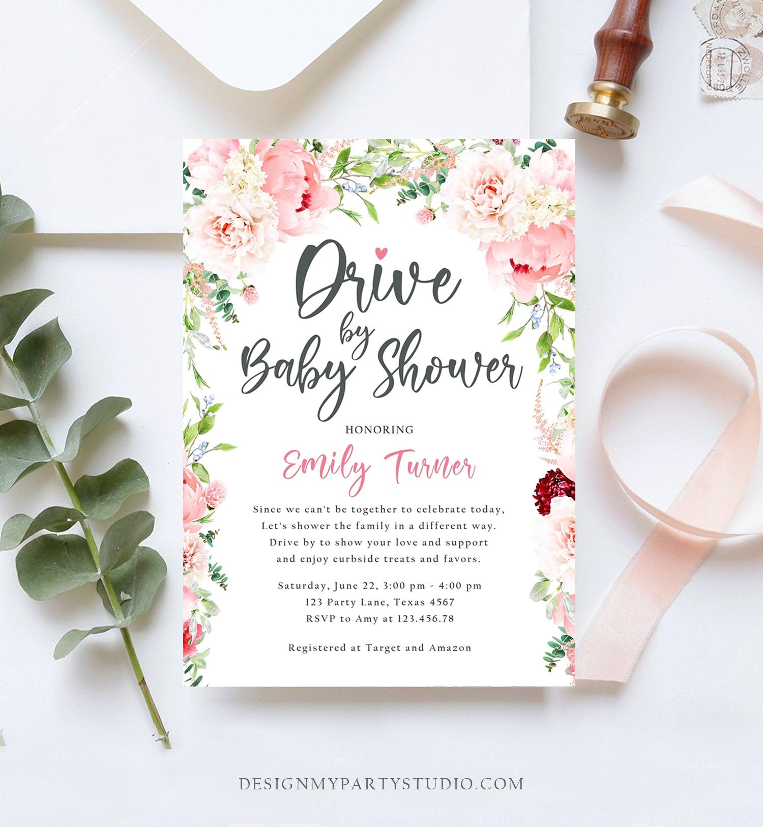 Editable Drive By Baby Shower Invitation Drive Through Social Distancing Peony Floral Botanical Couples Coed Shower Corjl Template 0168
