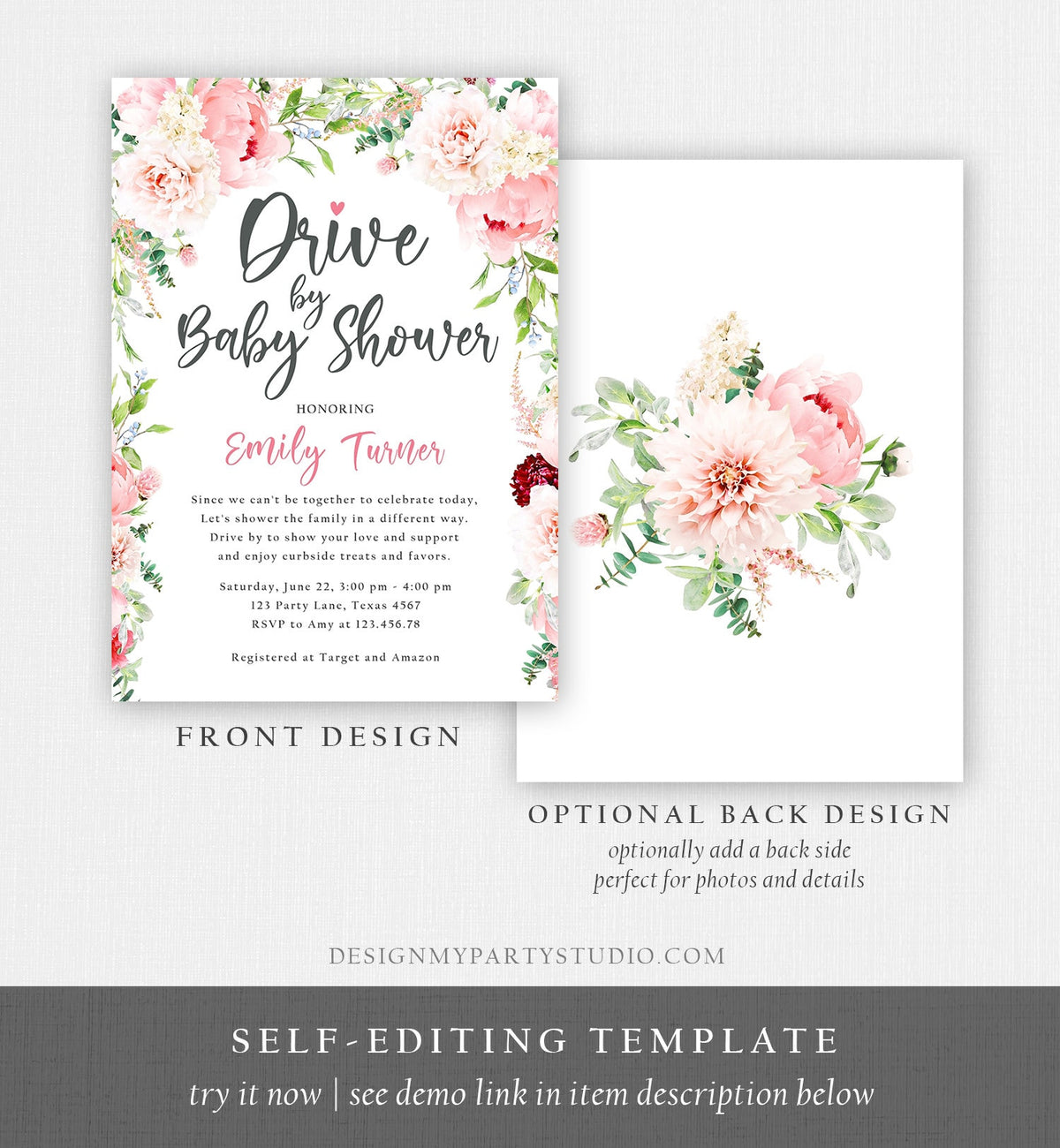 Editable Drive By Baby Shower Invitation Drive Through Social Distancing Peony Floral Botanical Couples Coed Shower Corjl Template 0168